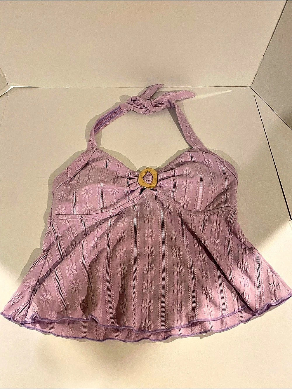 ZAFUL O-Ring Textured Flounce Halter Bikini Top Crop Top Pink Medium